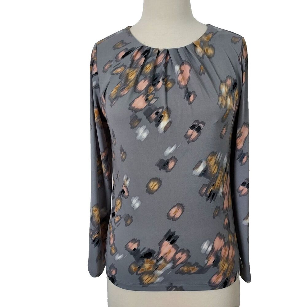 Calvin Klein Women Keyhole Neck Pleated Long Sleeve Top Size Small Blouse Office
